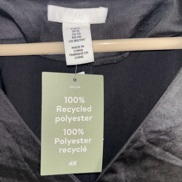 H&M Lux Line Satin Feel 100% Recycled Polyester Black Asymmetrical Blouse XL NWT - Picture 2 of 7